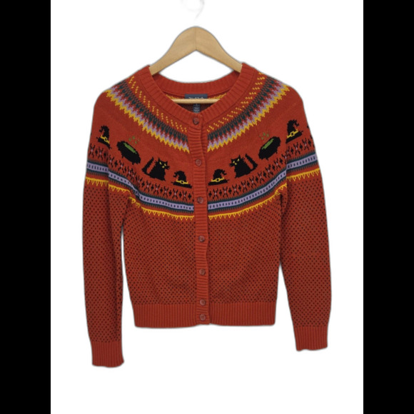ModCloth Sweaters - ModCloth Witchs Candy Cardigan Womens Small Orange Black Cat Halloween Fair Isle